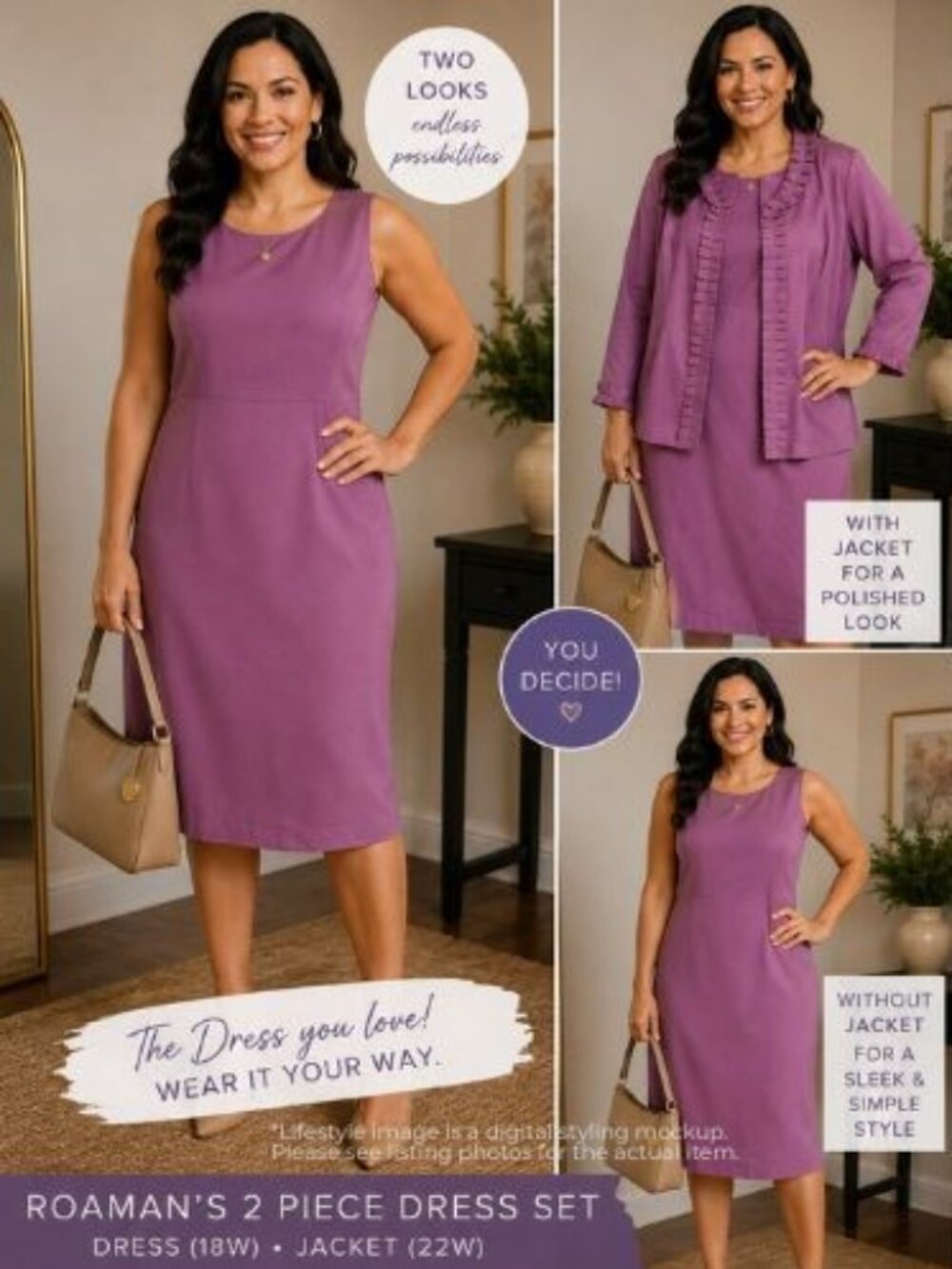 Roaman’s 2 Piece Dress & Jacket Set Purple 18W/22W Plus Size Ruffle Trim